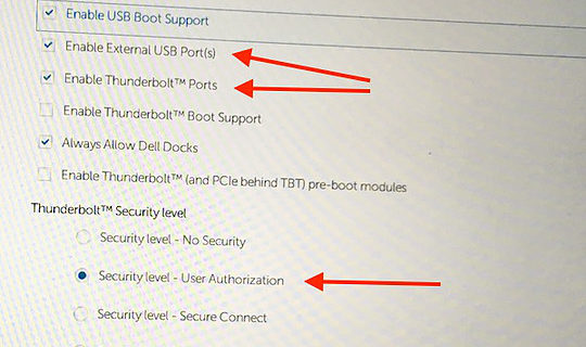 Step 4 depicted with arrows pointing at system "Enable External USB Ports(s)", "Enable Thunderbolt Ports", Security Level - User Authorization"