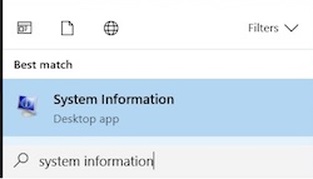 Depicting a pop up of "System Information" from a Windows OS search bar