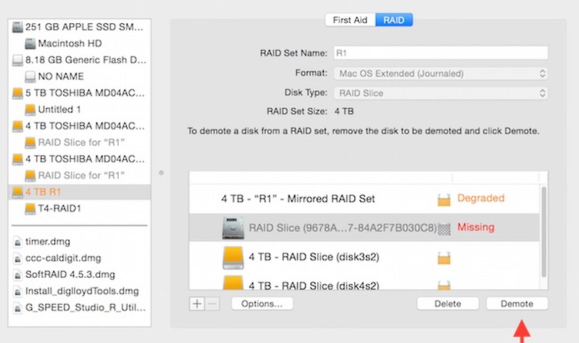 Arrow pointing to demote button in Apple Disk Utility with Missing RAID 1 disk selected