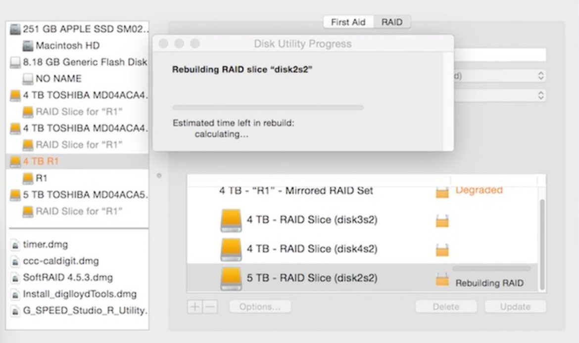 Rebuild progress window in Apple Disk Utility.