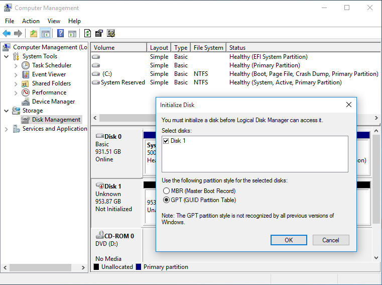The Initialize Disk menu, showing partition styles MBR (Master Boot Record) and GPT (GUID Partition Table)