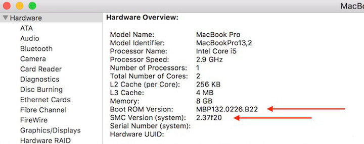 Showing the Boot ROM Version and SMC Version for 2016 13" MacBook Pro described in the above step.