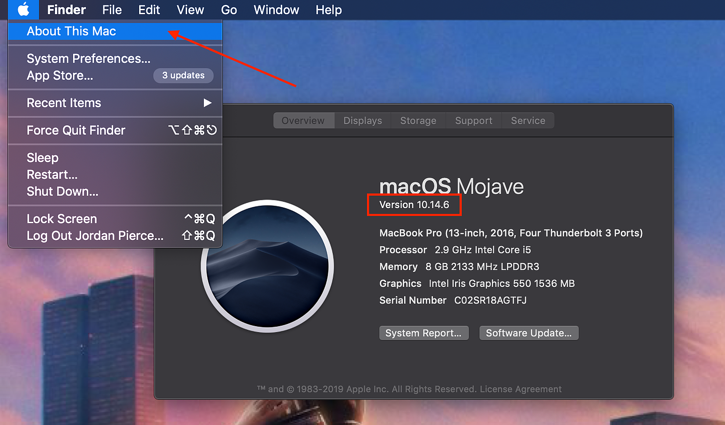 An image detailing the location of the version number of the operating system - in this case located directly underneath the title for macOS Mojave.