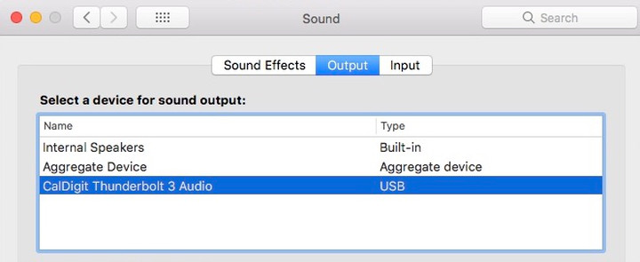 A picture of the "CalDigit Thunderbolt 3 Audio" sound output device as described in step 3.