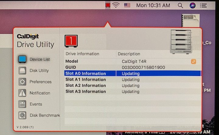 CalDigit Drive Utility window showing list of drives description as "updating".