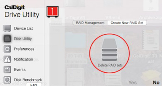 Depicting "Delete RAID sets" icon selected in "Disk Utility" window.