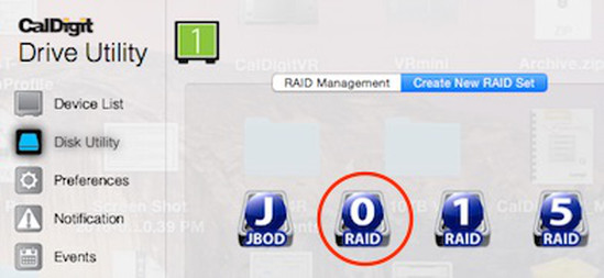 Depicting "RAID 0" icon selected in "Disk Utility" window.