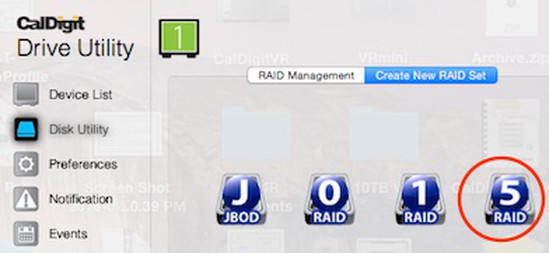 Depicting "RAID 5" icon selected in "Disk Utility" window.