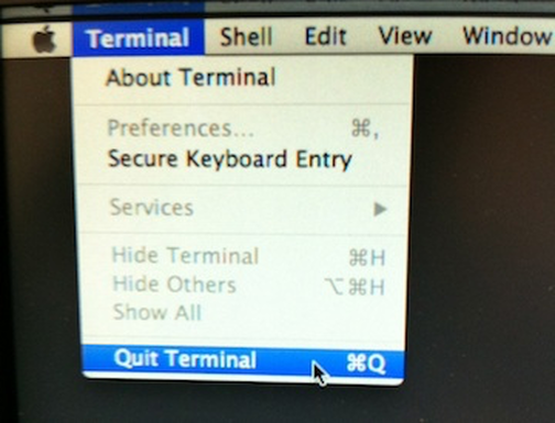 "Quit Terminal" selected from the menu bar.