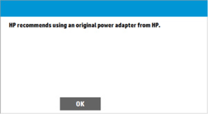 "HP recommends using an original power adapter from HP" message depicted.