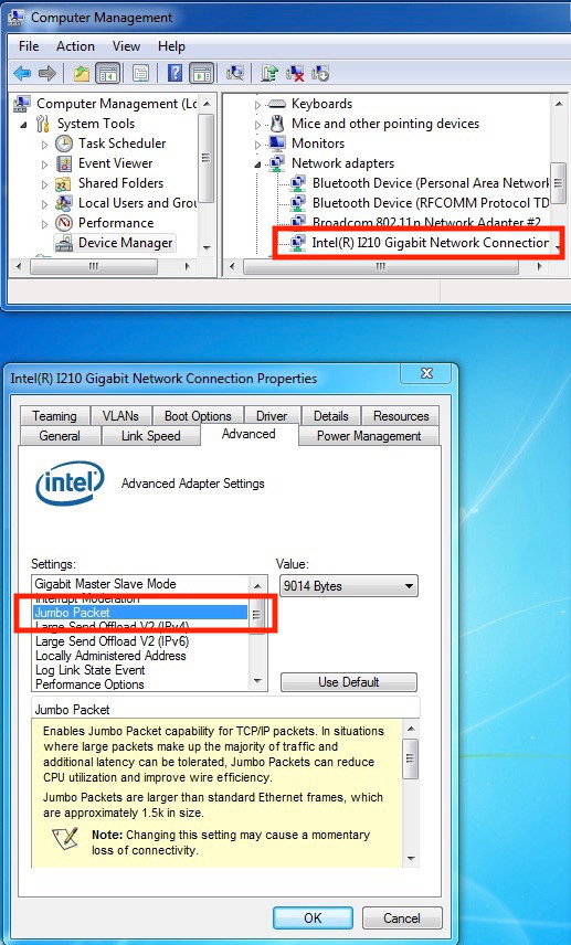 "Network Adapters" highlighted in Windows Device Manager window. "Jumbo Packet" highlighted in the Advanced Tab window.