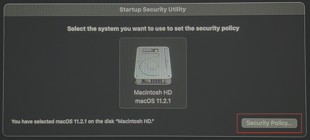 This image highlights the Security Policy option as seen on the Startup Security Utility window.