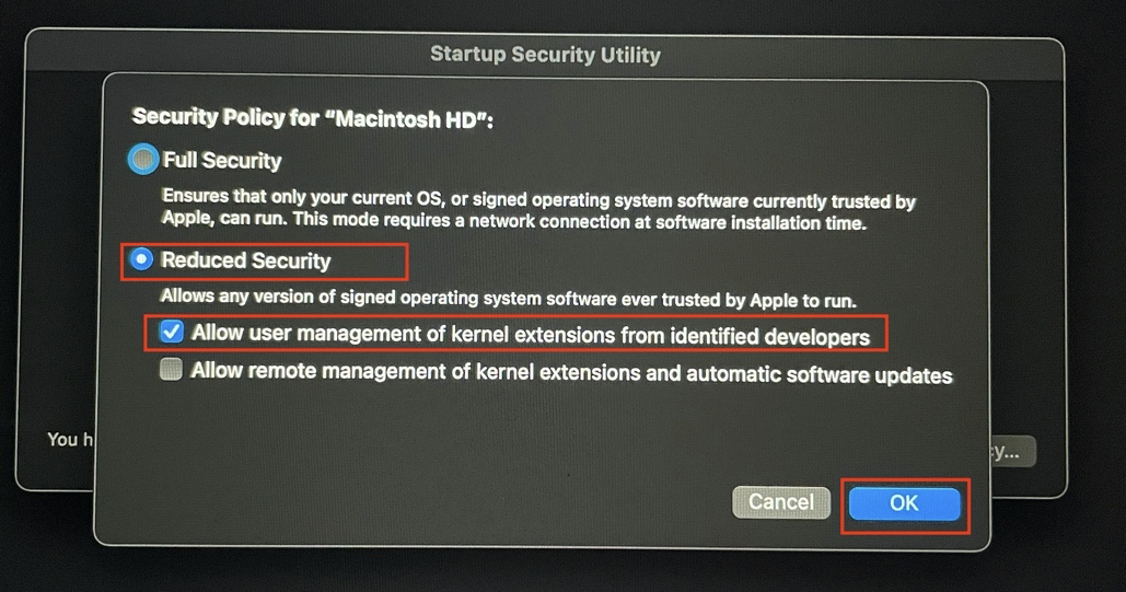 This image highlights the 'Reduced Security' option and the 'Allow user management of kernel extensions from identified developers' option as seen on the Startup Security Utility window.