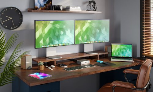CalDigit Thunderbolt 4 Pro Dock on a desk connected to two monitors and accessories.